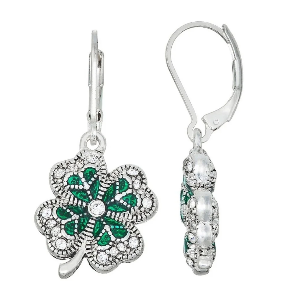 Napier Silver Tone Lucky Shamrock Drop Earrings Leverback NWT - Picture 1 of 3